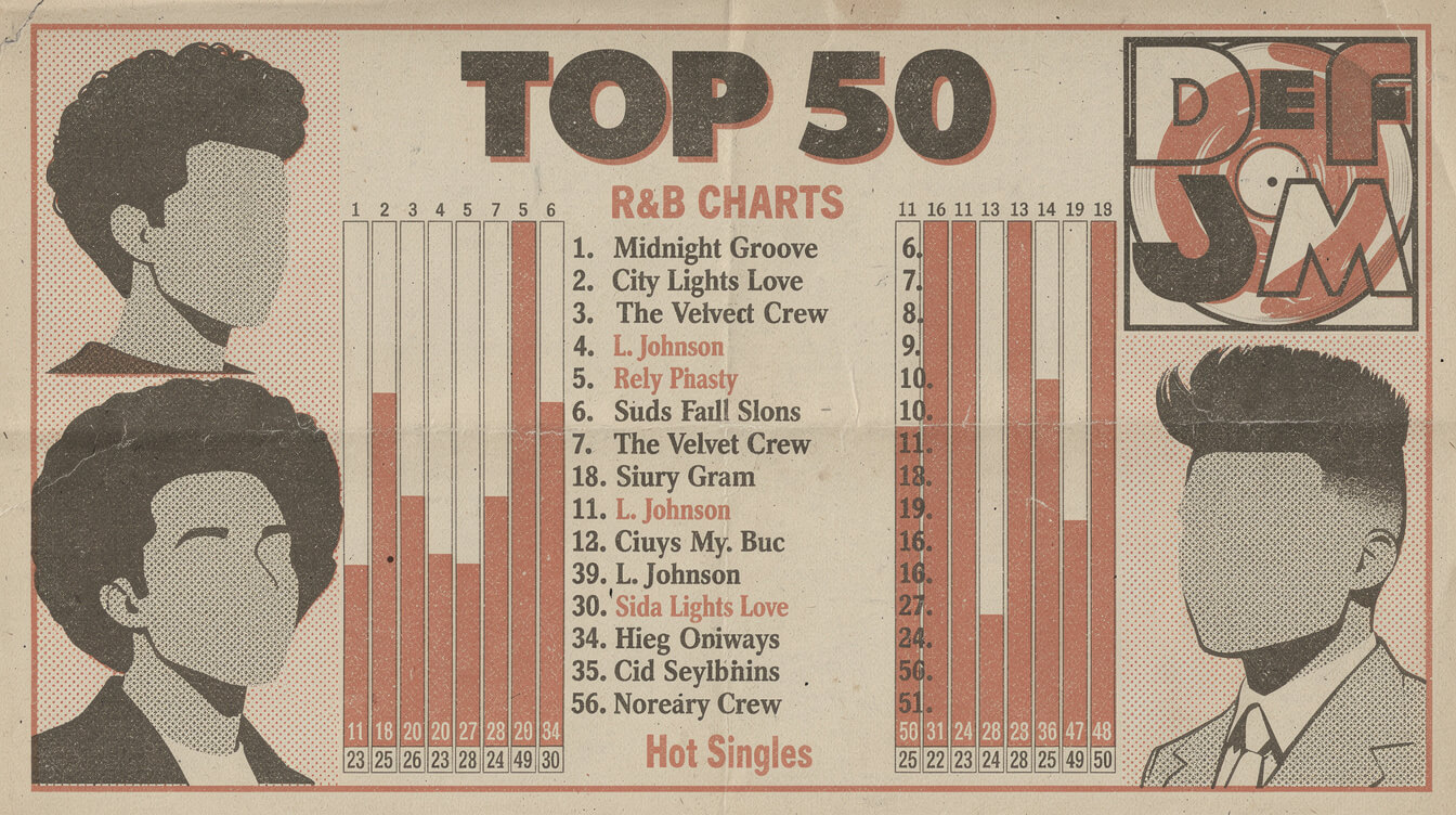 1991 R&B chart page vintage editorial illustration