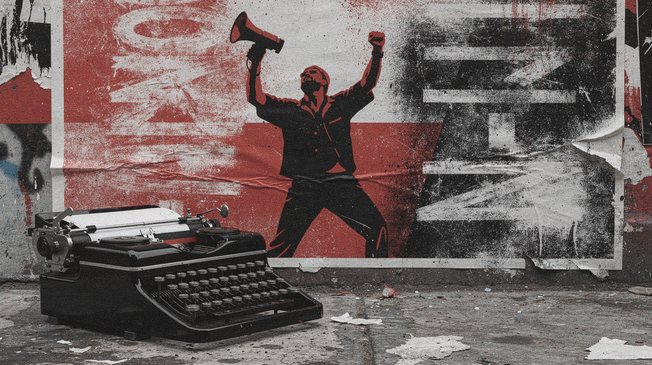 Vintage typewriter and stencil protest poster silhouette 1988