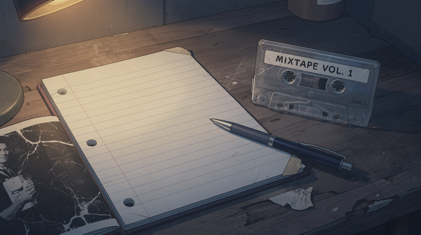 Vintage composition notebook and pen 1988 hip-hop lyricist workspace