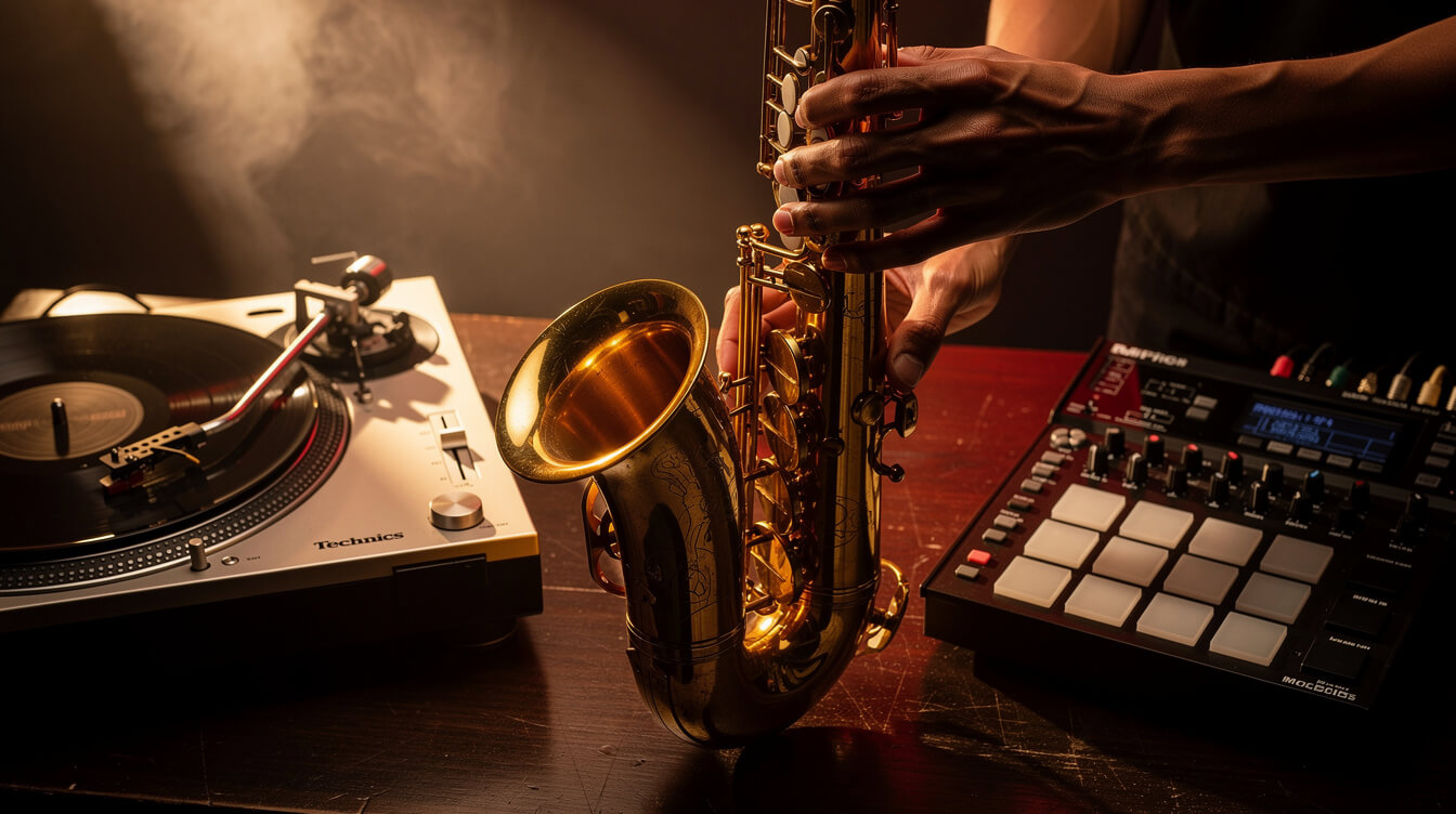 Golden saxophone next to turntable and MPC drum machine, capturing the jazz-rap fusion of gang starr guru's Jazzmatazz series