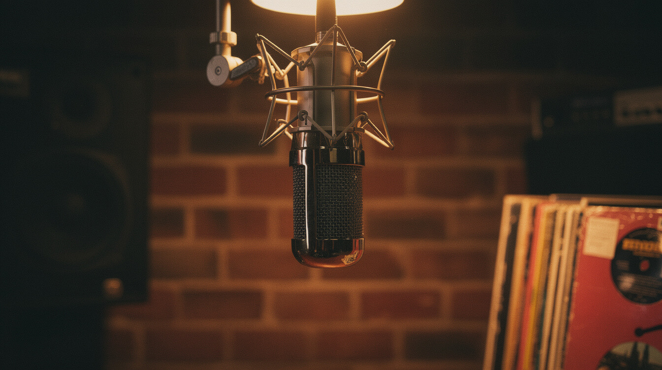 Vintage studio microphone under warm amber spotlight representing Gang Starr Guru's boom-bap era recordings