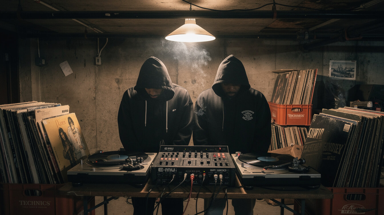 Silhouetted producers at an SP-1200 sampler and turntables in a Brooklyn basement studio, representing Gang Starr Guru and DJ Premier