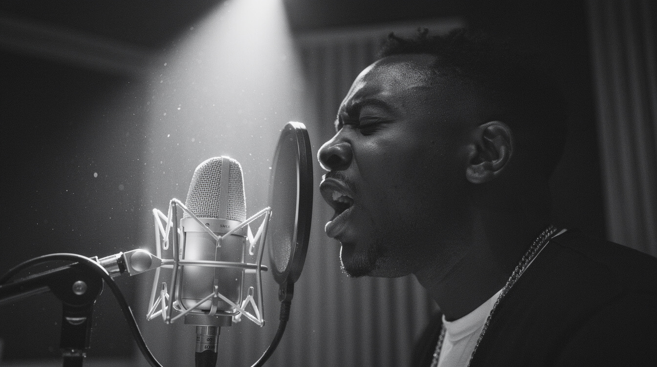 Black and white close-up of a Black MC leaning into a studio microphone, representing gang starr guru's laconic vocal style