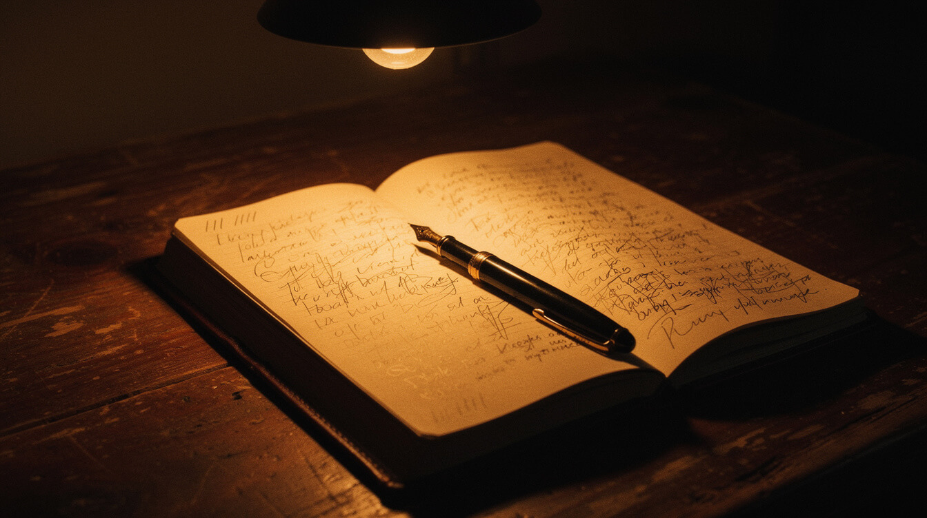 Open leather diary under a single dim bulb hip-hop introspection