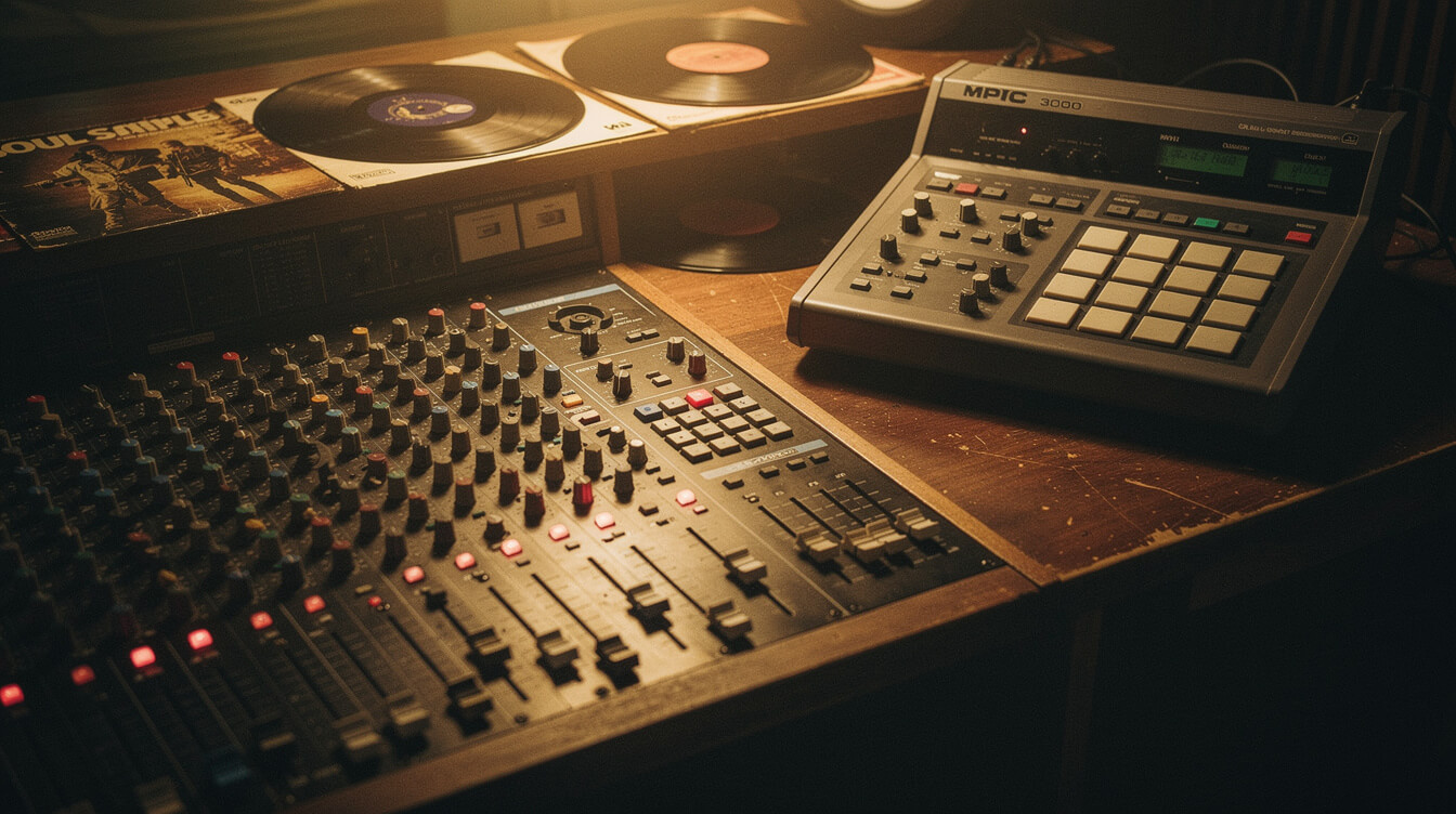 Vintage studio mixing board and soul sample vinyl records