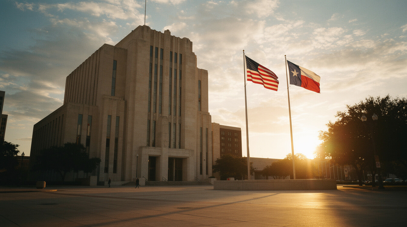 Houston City Hall at golden hour civic mood