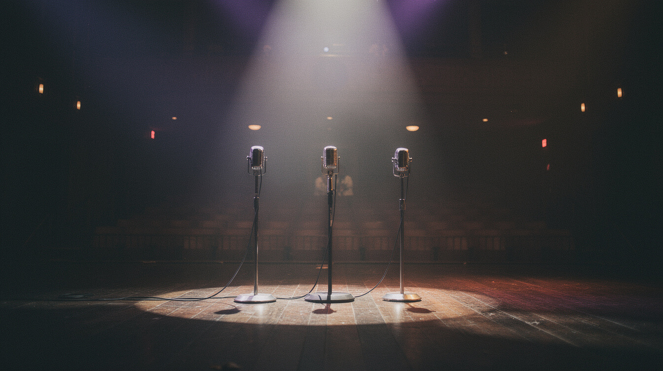 Three vintage microphones under spotlight Southern hip-hop legacy