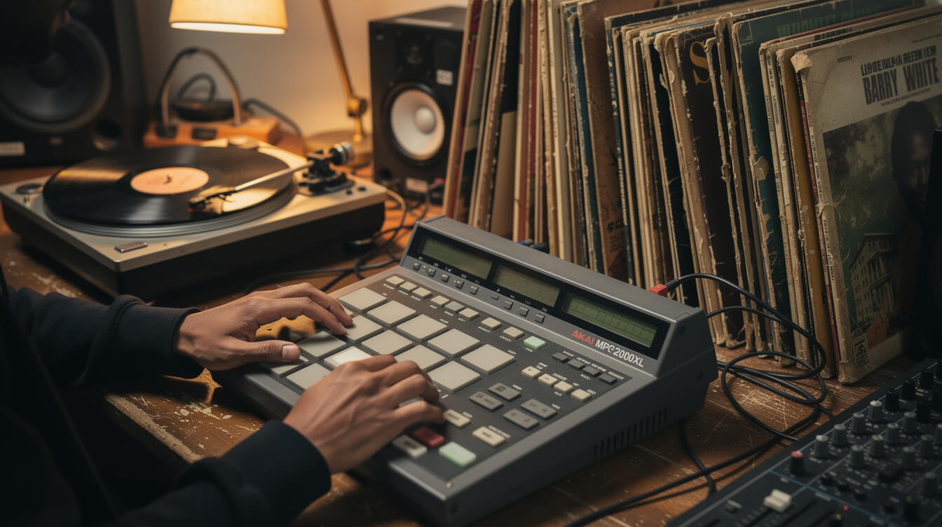 Havoc's Akai MPC-2000XL surrounded by dusty jazz and soul vinyl