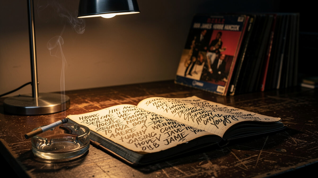 a rapper's handwritten lyric notebook under a desk lamp in a 90s writing room
