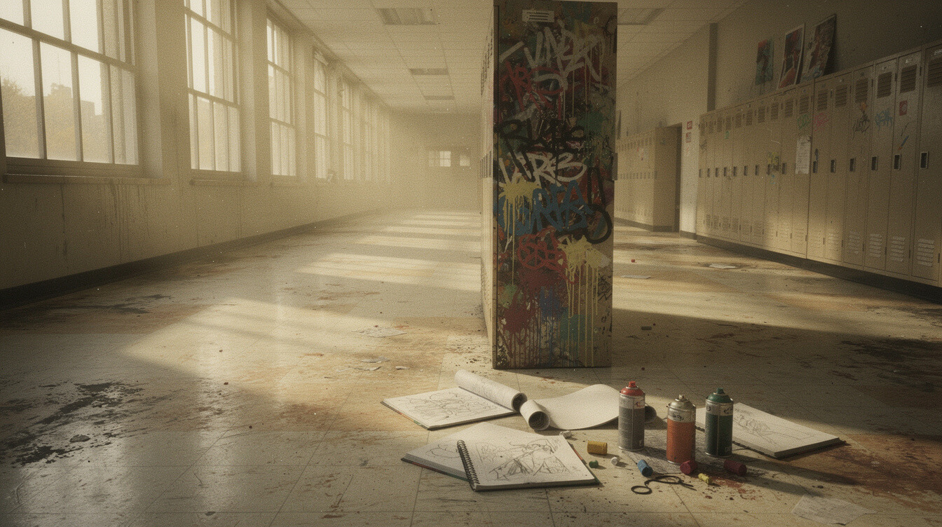 empty Manhattan art high school hallway with a graffiti-covered locker