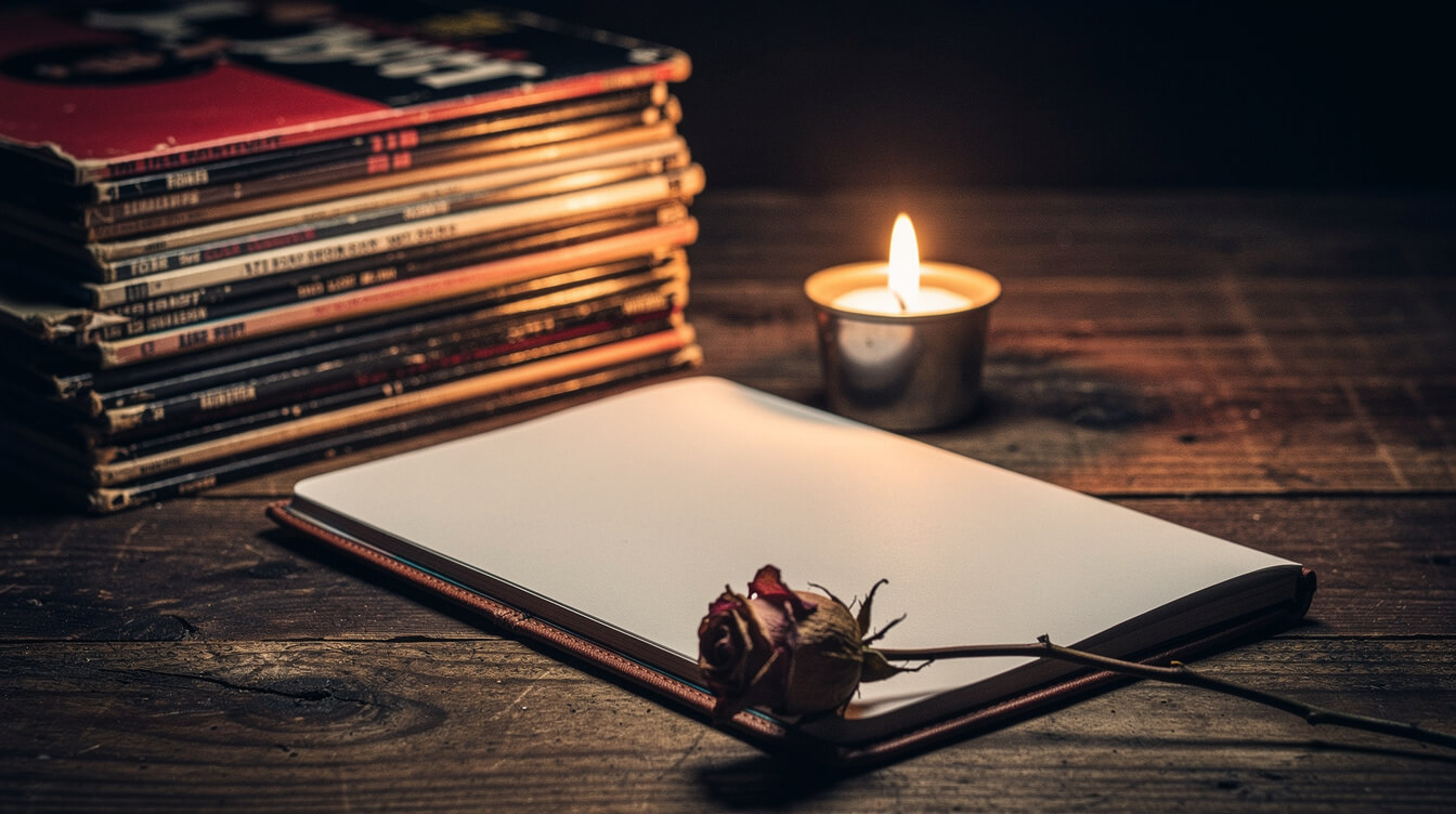 candlelit memorial still-life beside vintage hip-hop vinyl records