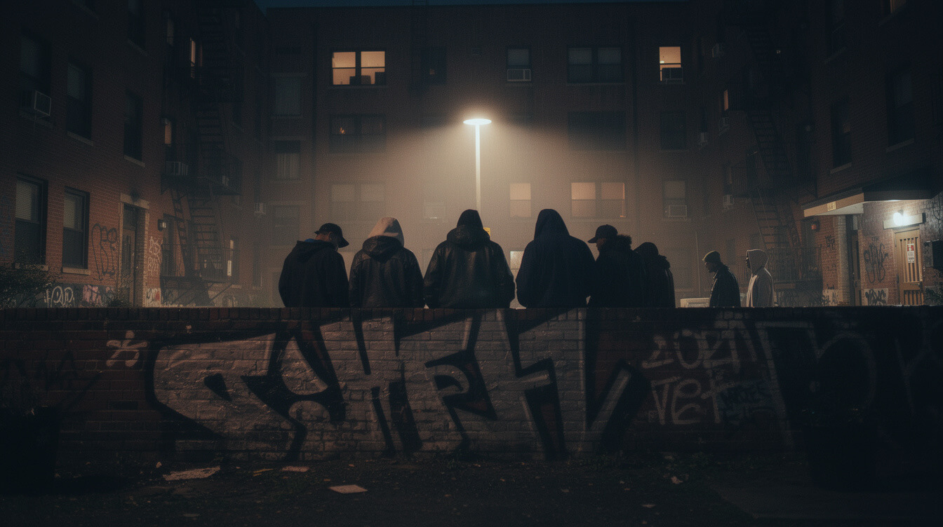 hip-hop crew shadowed under a streetlamp in a Queensbridge courtyard at night