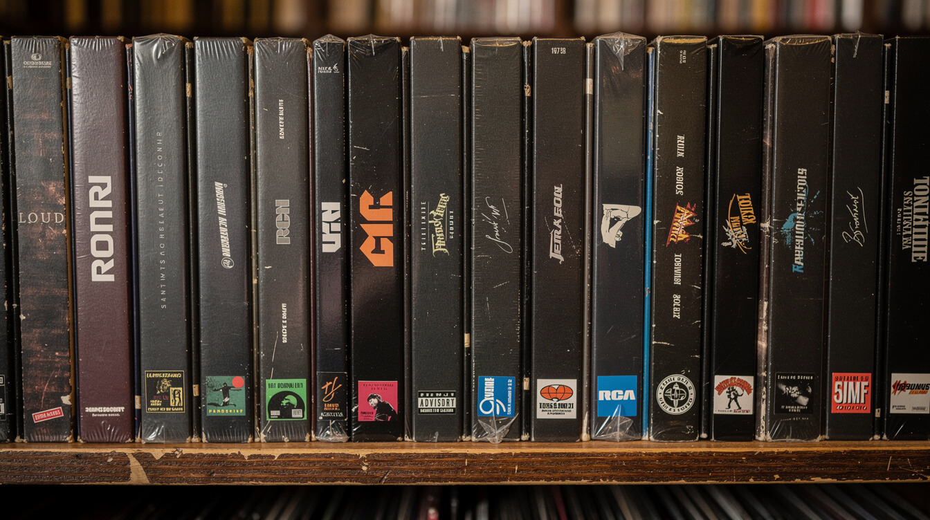 row of vintage hip-hop album spines from Loud, RCA, Jive, and Columbia