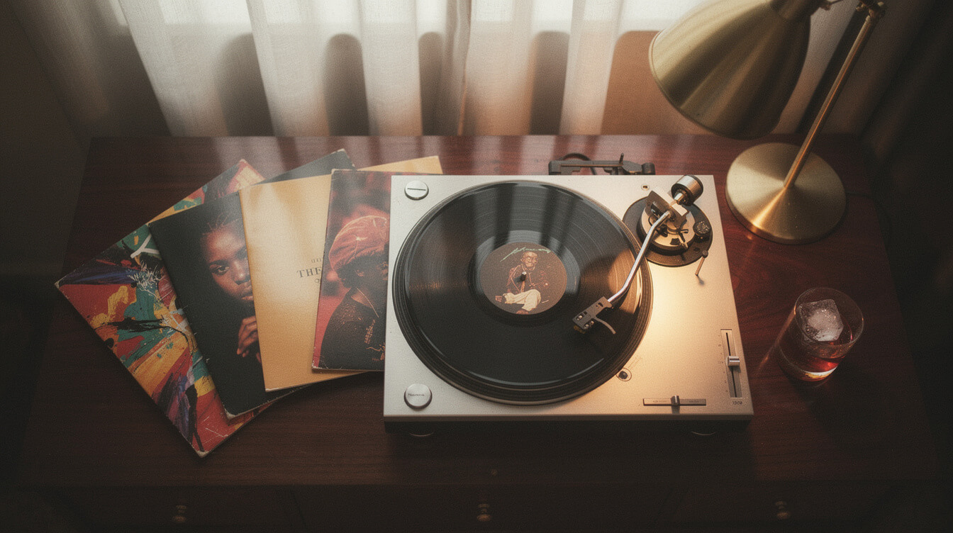 Overhead shot of five neo-soul vinyl records fanned out on a warm-lit walnut turntable console