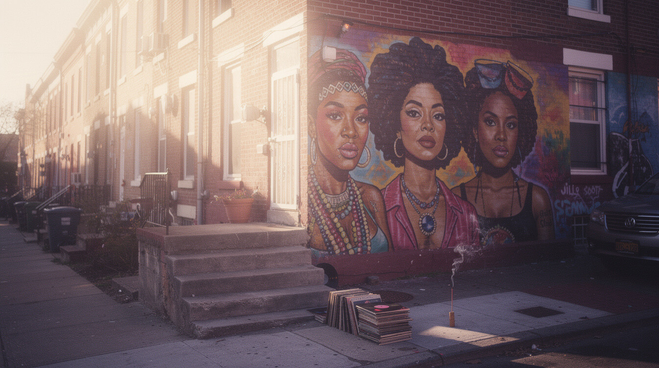 Neo-soul mural on a Philadelphia rowhouse honoring Erykah Badu, Lauryn Hill, and Jill Scott