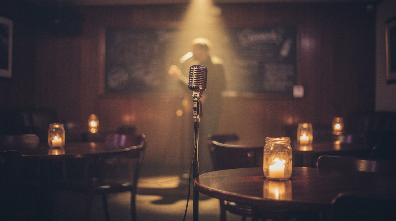 Intimate Philadelphia open-mic room with a vintage tube microphone in a golden pool of light