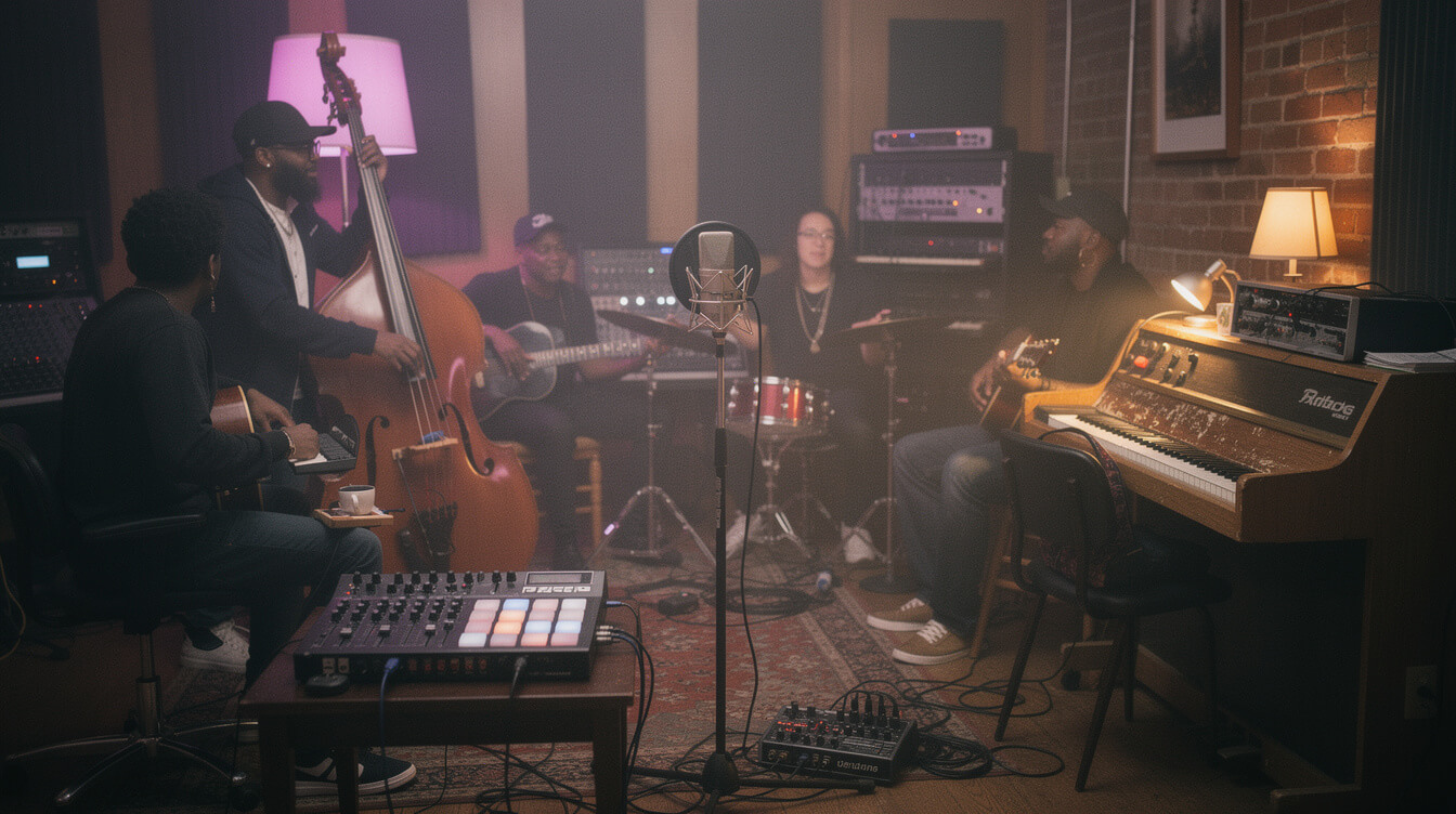 Late-night Philadelphia recording studio jam with Rhodes electric piano, upright bass, and MPC drum machine