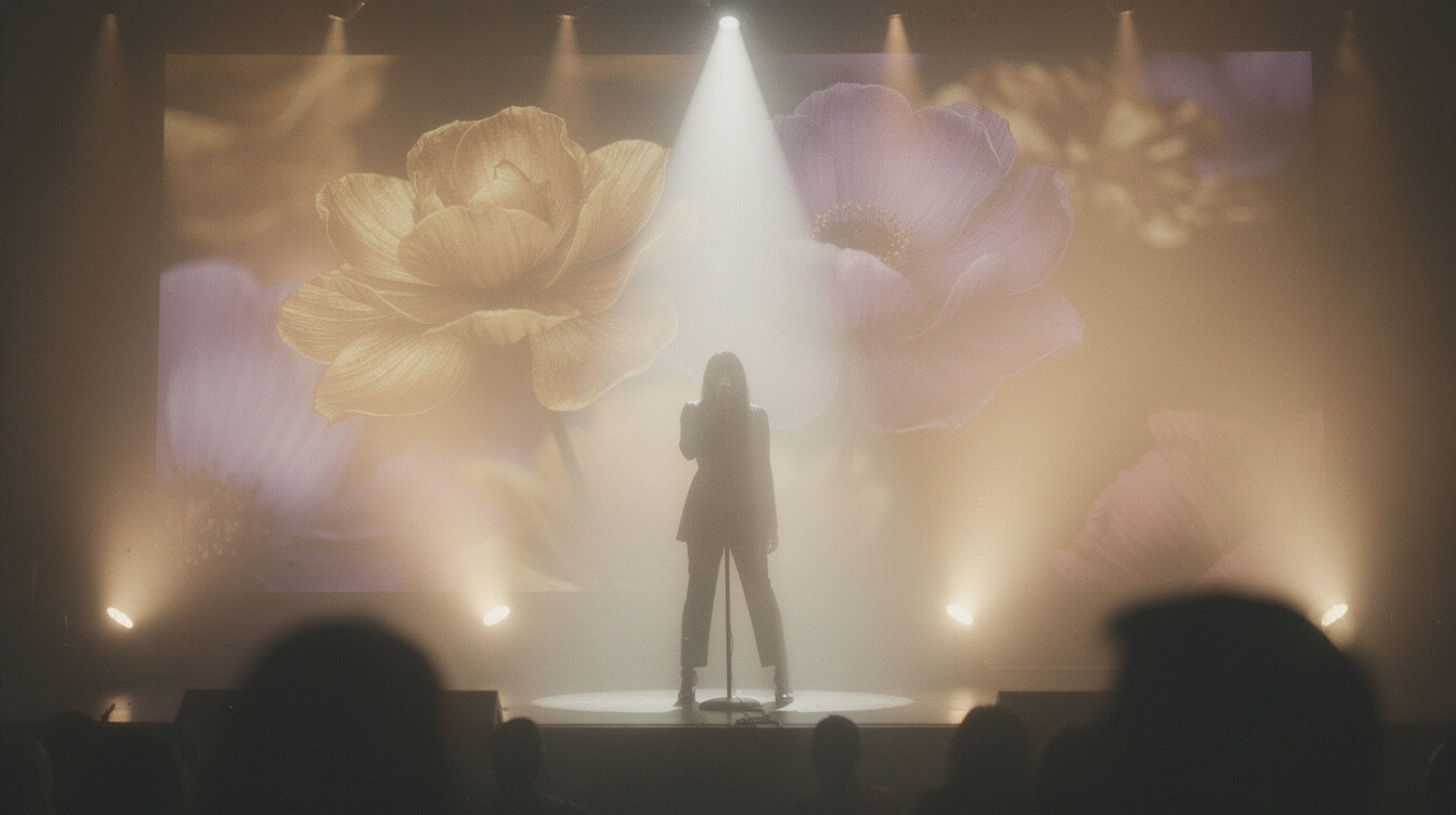 Modern R&B stage from the audience POV, lone silhouetted singer in a warm gold and lavender spotlight