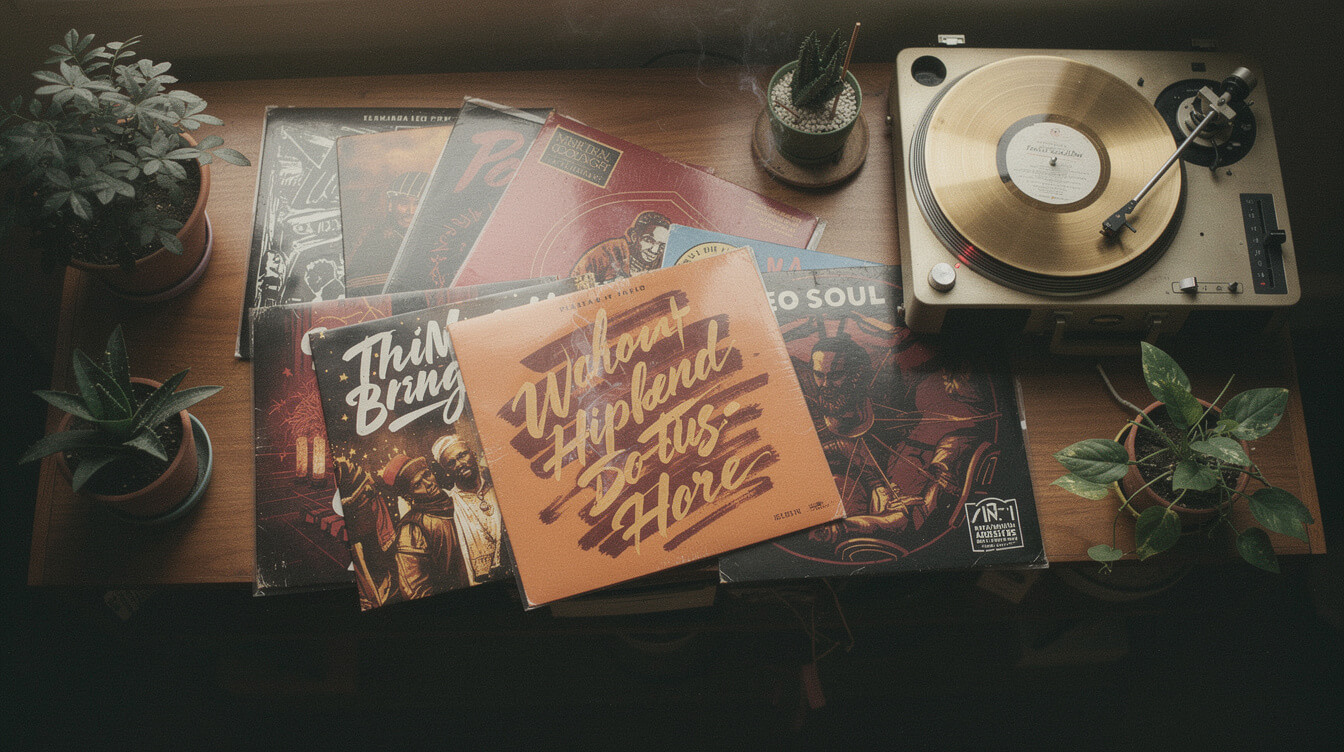 Curated neo-soul vinyl collection on a warm walnut shelf with brass turntable and potted plants