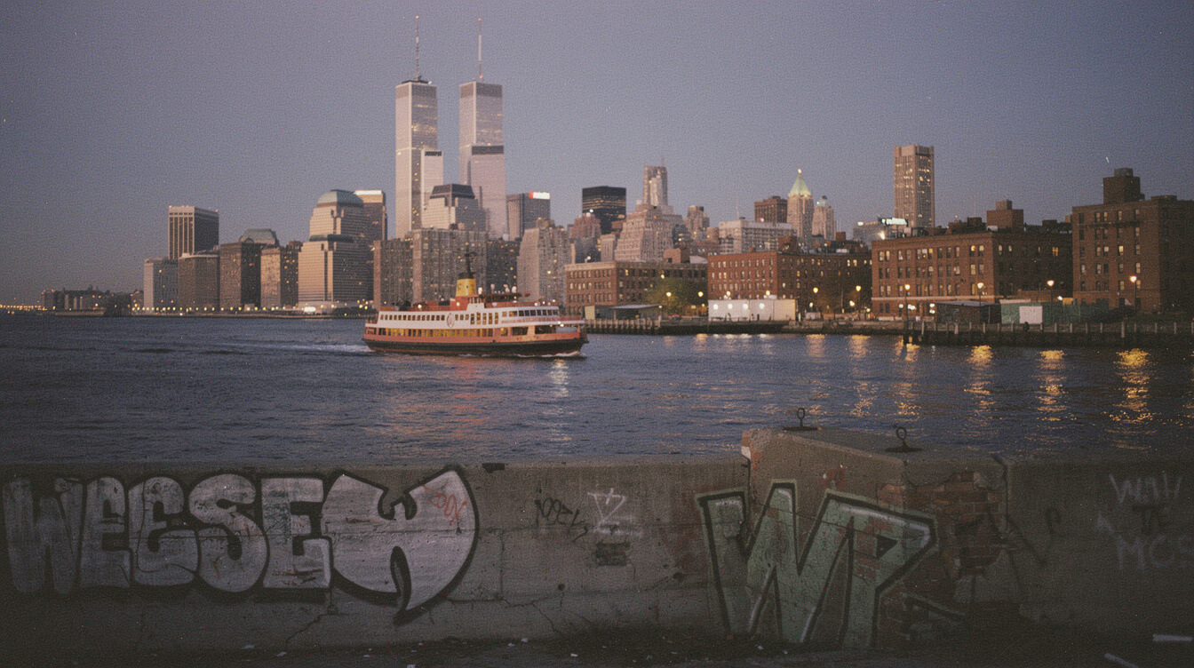 1997 New York hip-hop landscape at dusk, cinematic wide shot