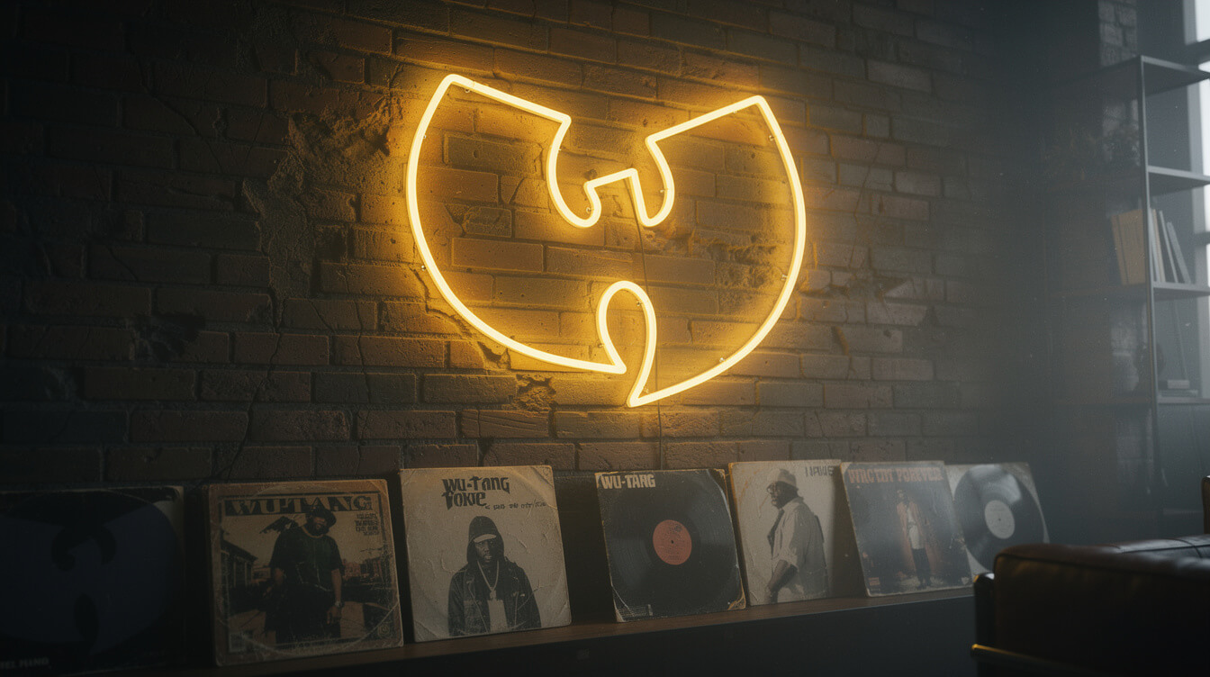 Wu Tang Forever neon LED sign glowing on brick wall