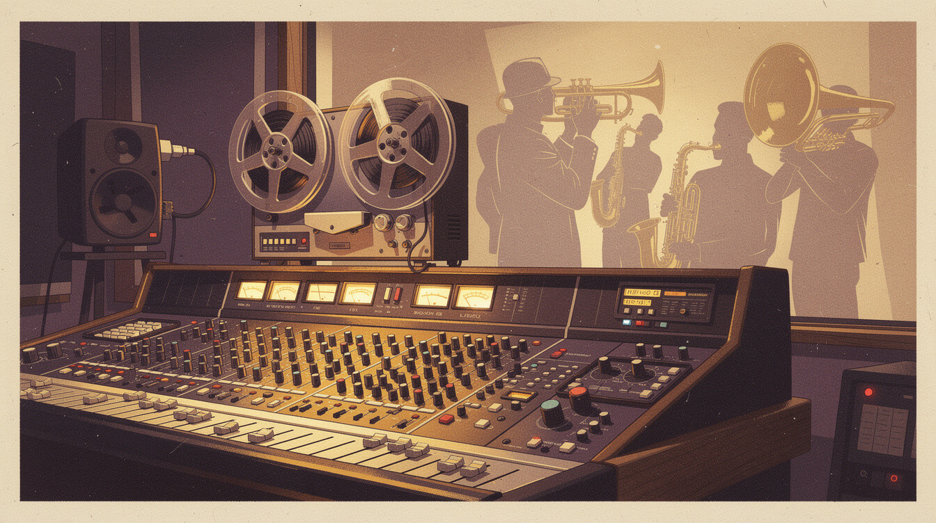 illustrated vintage Philadelphia recording studio with brass horns and analog console