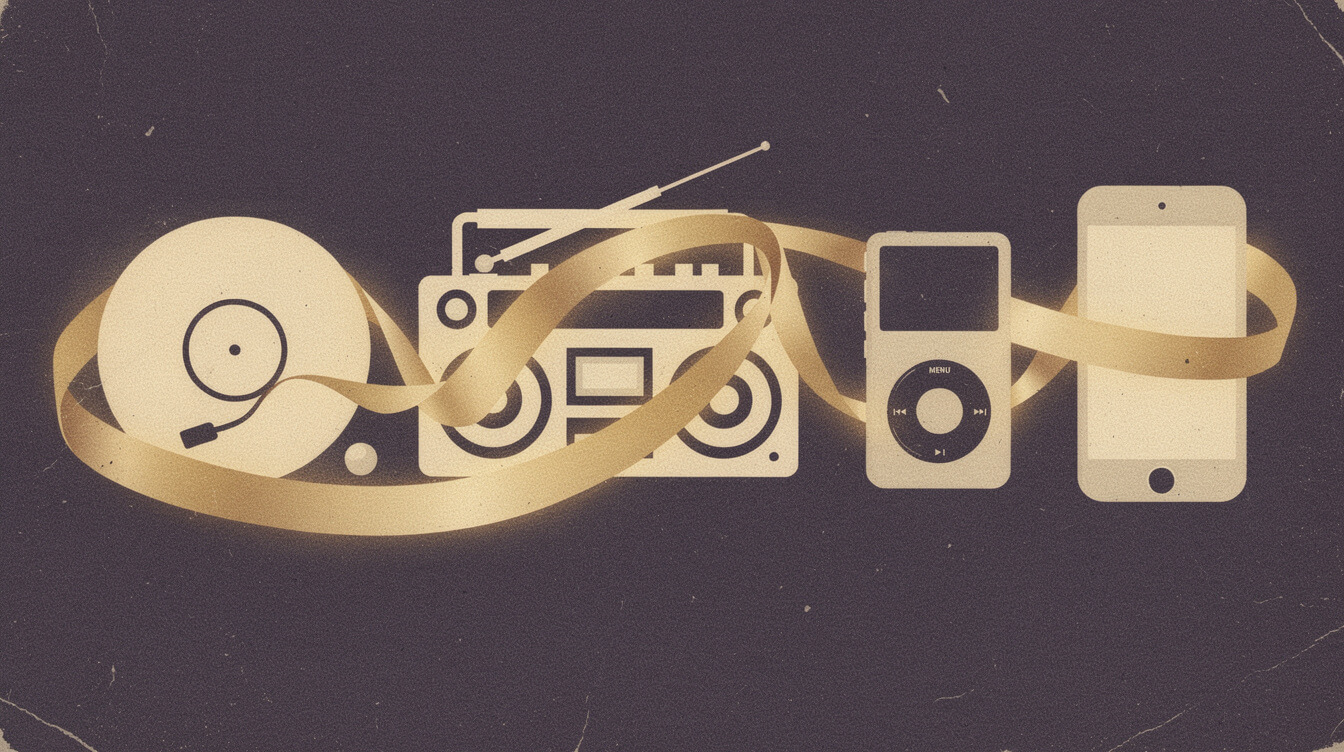 illustration of golden light passing through vinyl, boombox, iPod, and smartphone icons across generations