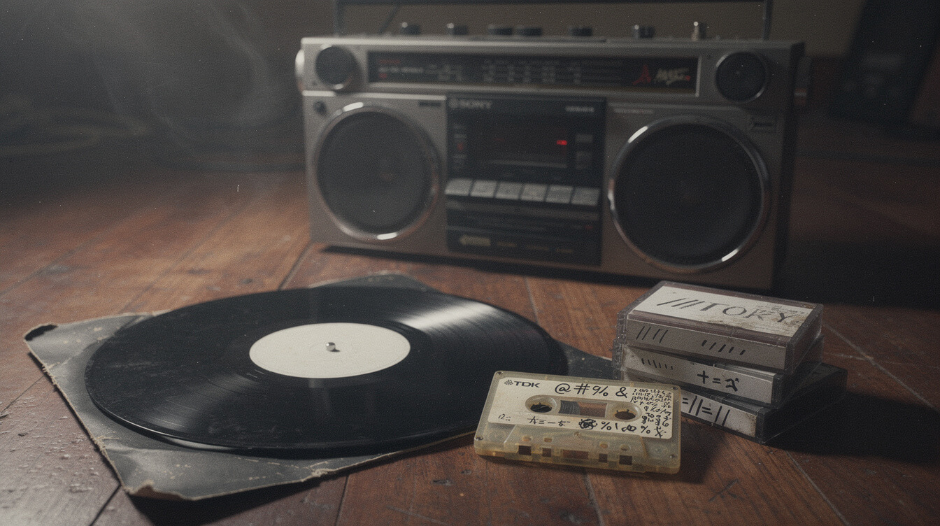 Vintage cassette and vinyl of a 90s hip-hop album on wooden floor