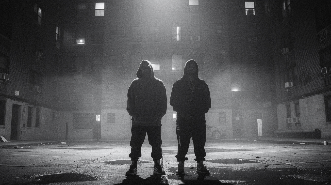 Black and white grainy hip-hop album cover photography aesthetic