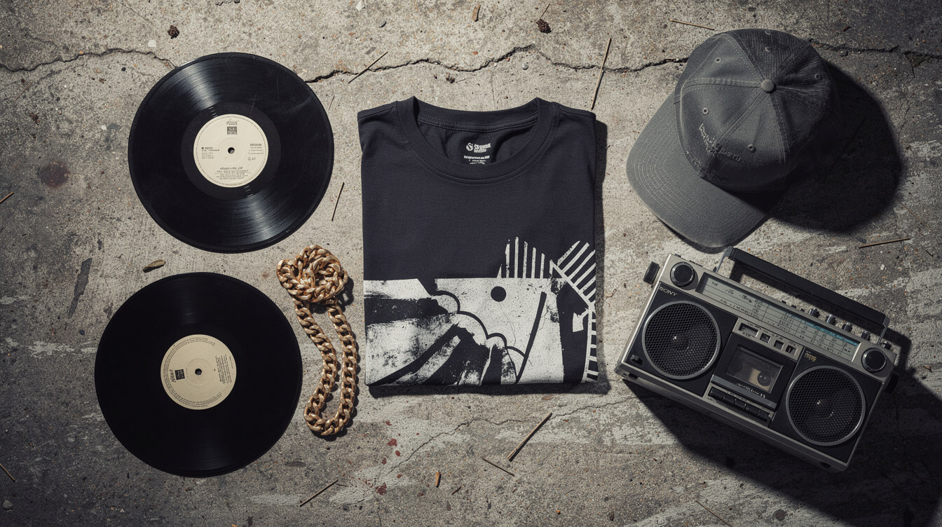 Flat-lay of 90s hip-hop merch collector aesthetic including graphic tees and vinyl