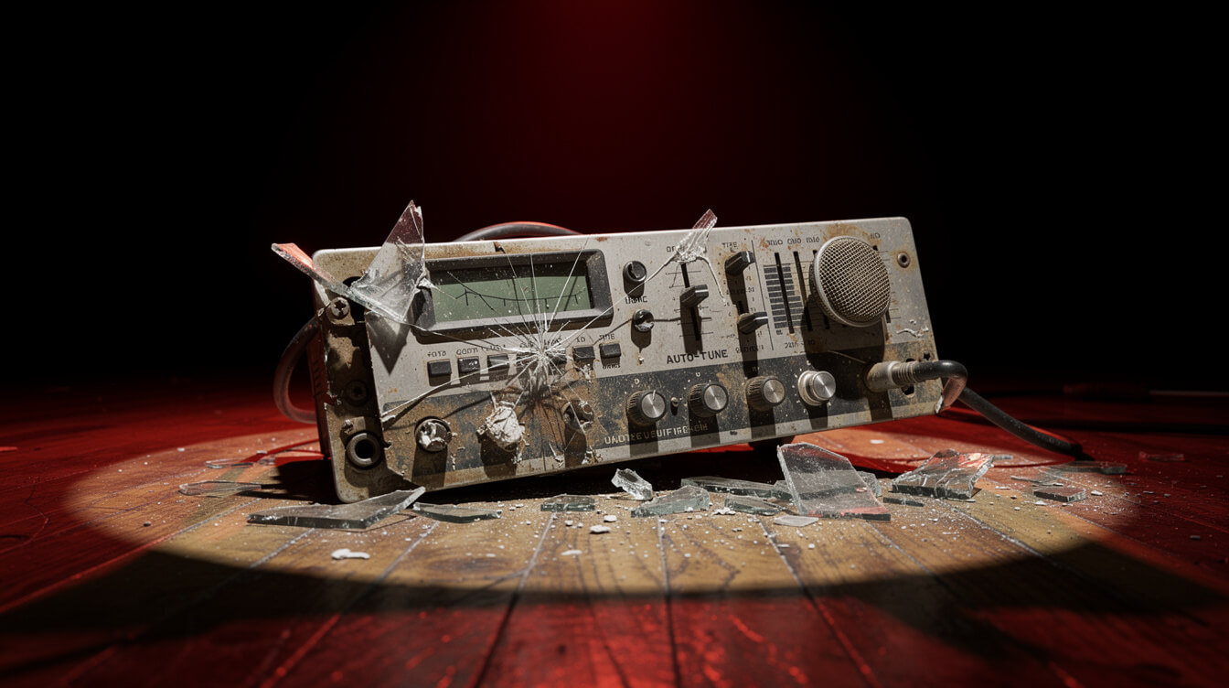 Smashed vintage auto-tune rack unit on a studio floor red spotlight