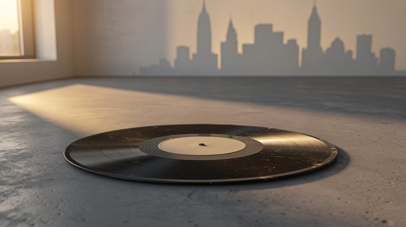 Vintage vinyl record on modern concrete with Manhattan skyline shadow