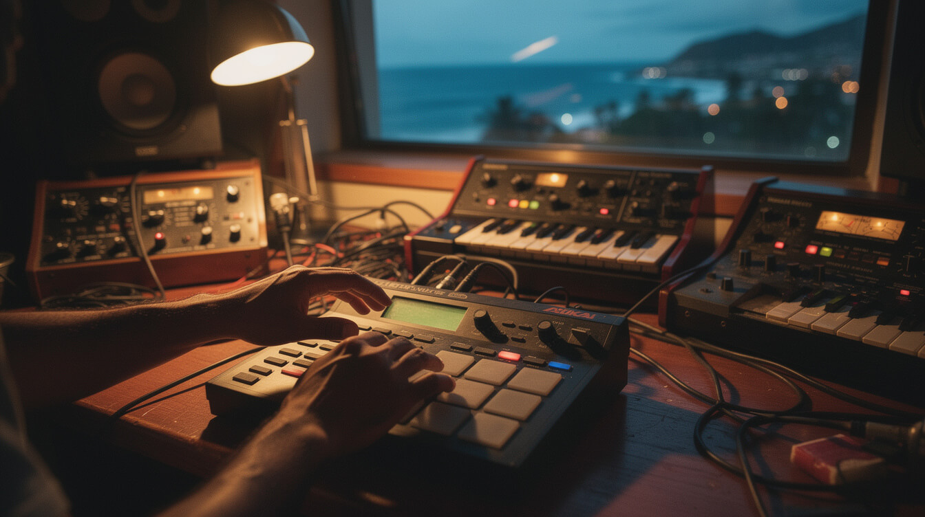 Late-night hip-hop production session with MPC drum machine and vintage synths