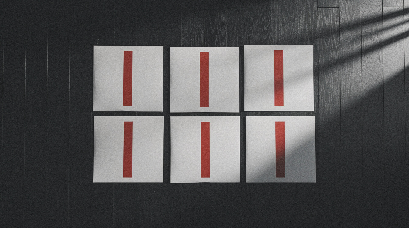 Fifteen blank white vinyl record sleeves each marked with a red bar in a grid