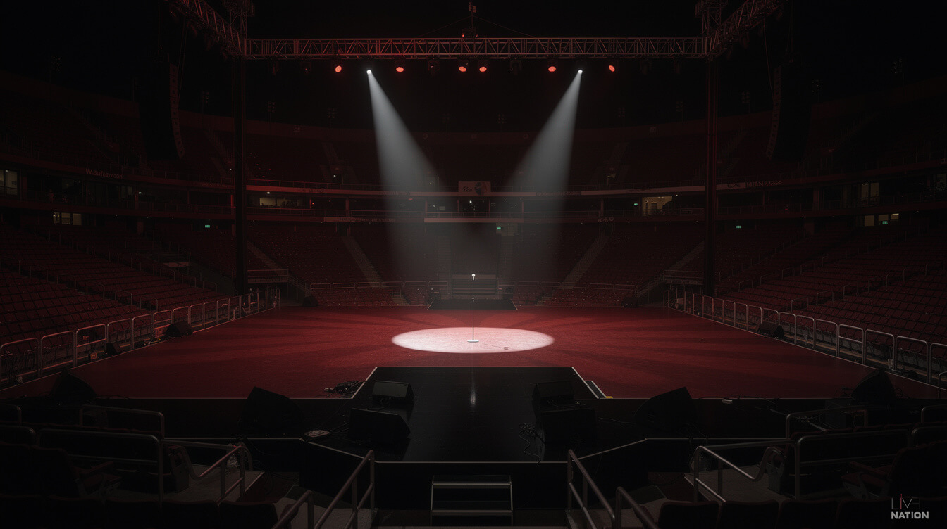 Empty stadium at night with single microphone stand center-lit red spotlights