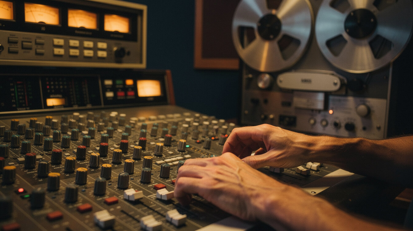 Late-1990s music studio mixing console with warm amber lamps