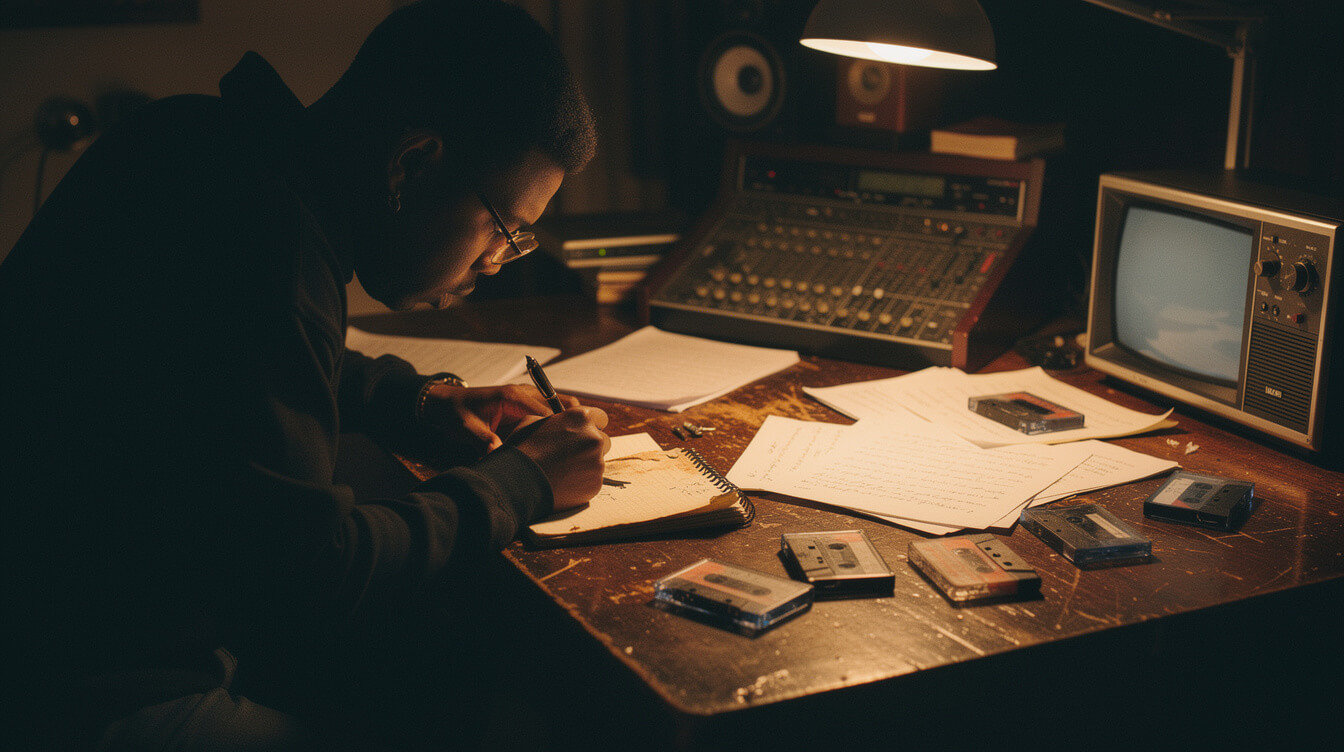 R&B songwriter working at desk, home studio, warm amber lamp