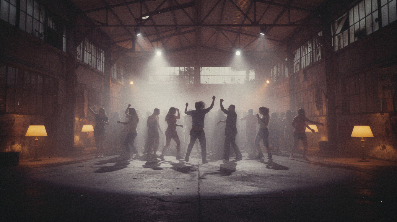 Late-1990s music video warehouse rave scene with dancers in silhouette