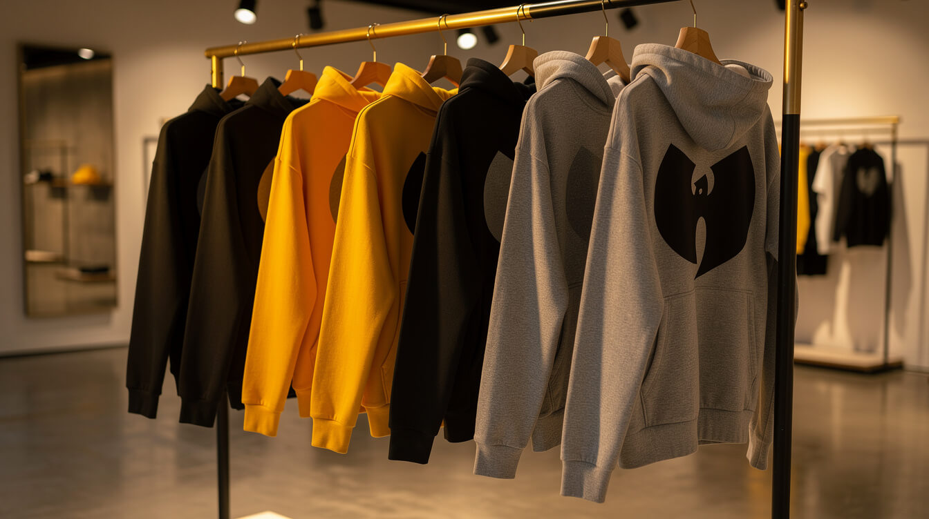 modern wu-tang hoodie collection on boutique rack