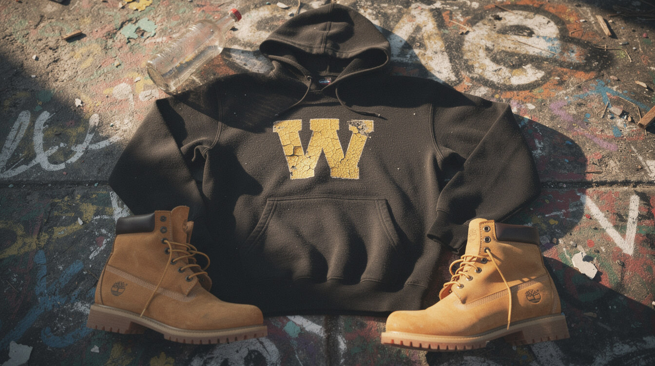 vintage wu-tang hoodie on graffitied concrete