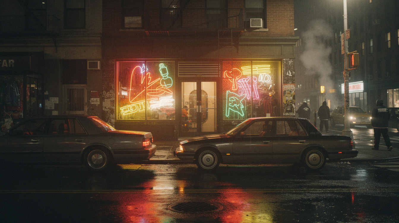 1990s Manhattan Wu Wear storefront at night