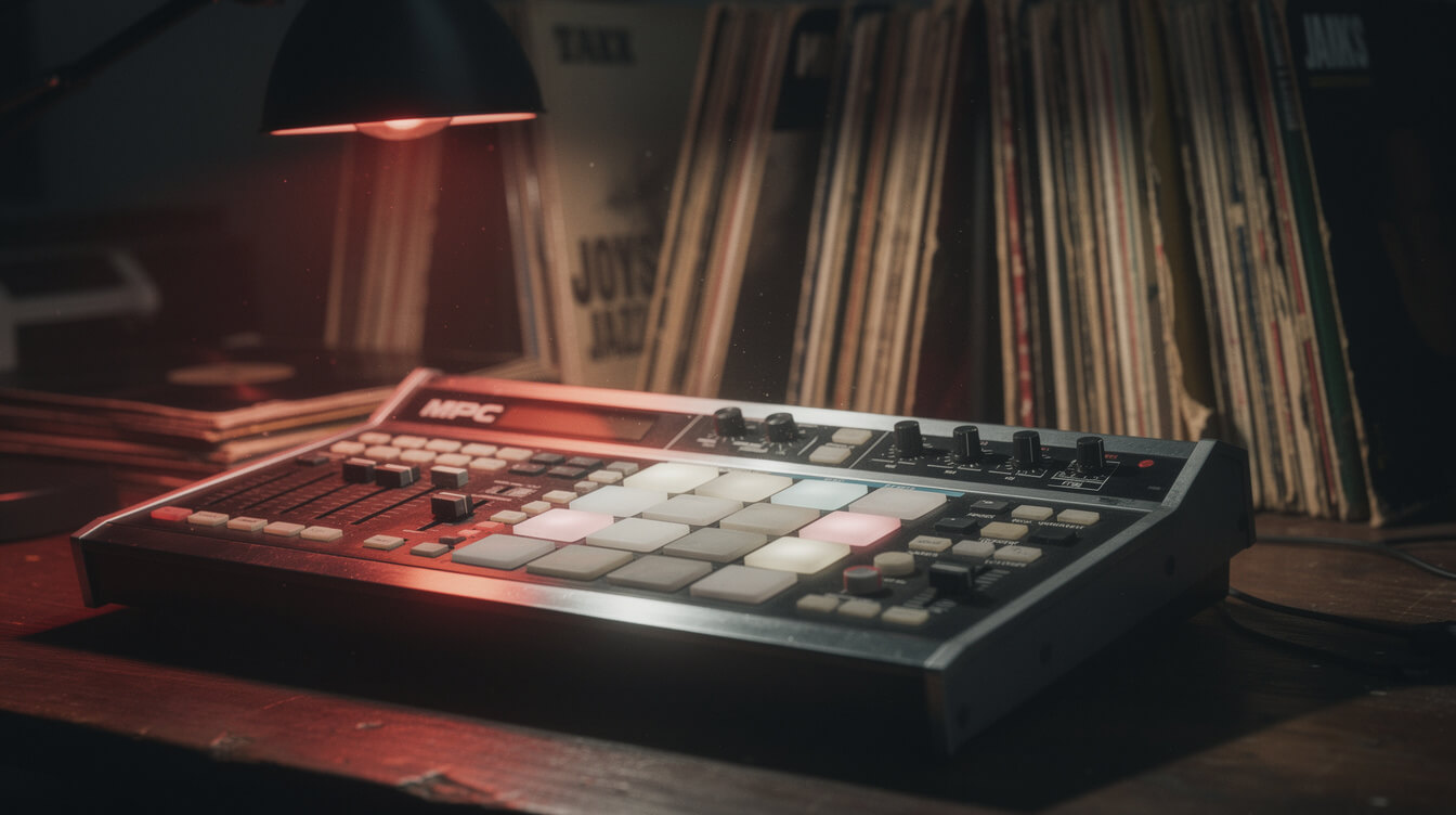 vintage MPC sampler and jazz vinyl in dim studio