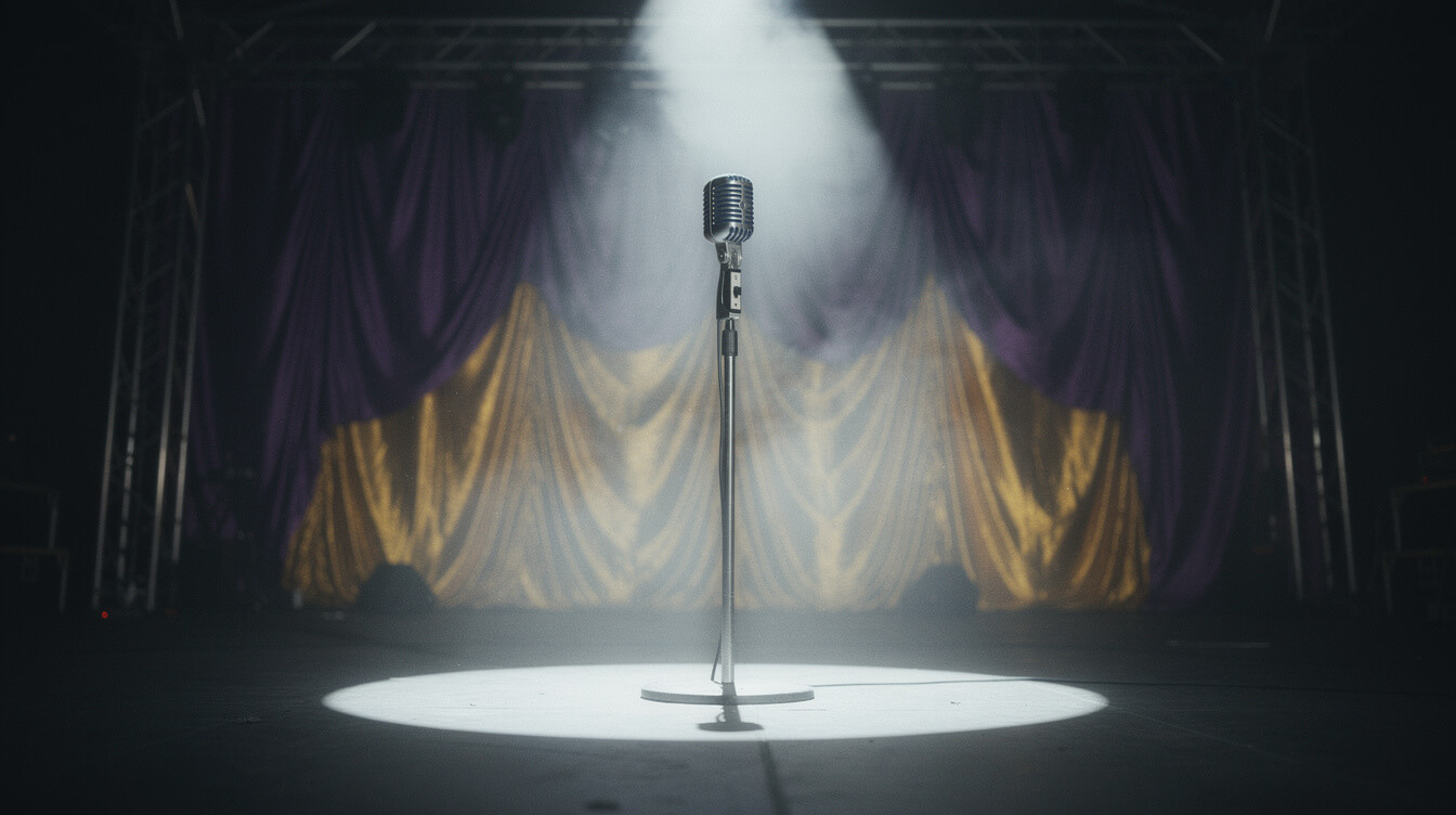 vintage microphone under stage spotlight
