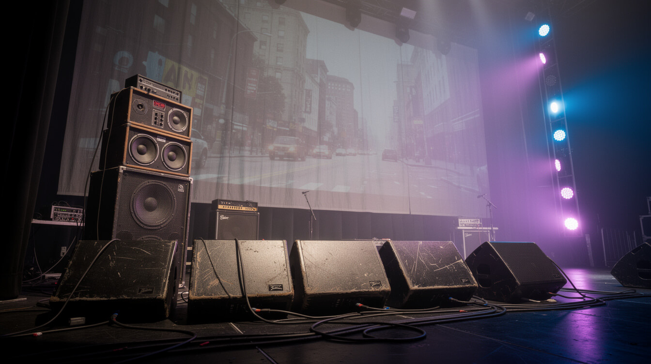 empty concert stage before showtime with monitor wedges