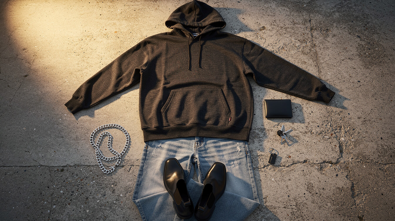 streetwear flatlay dark hoodie jeans chelsea boots