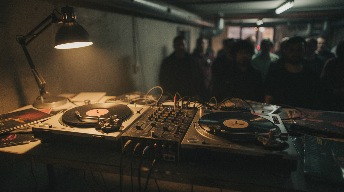 hip-hop DJ turntable setup with warm ambient light