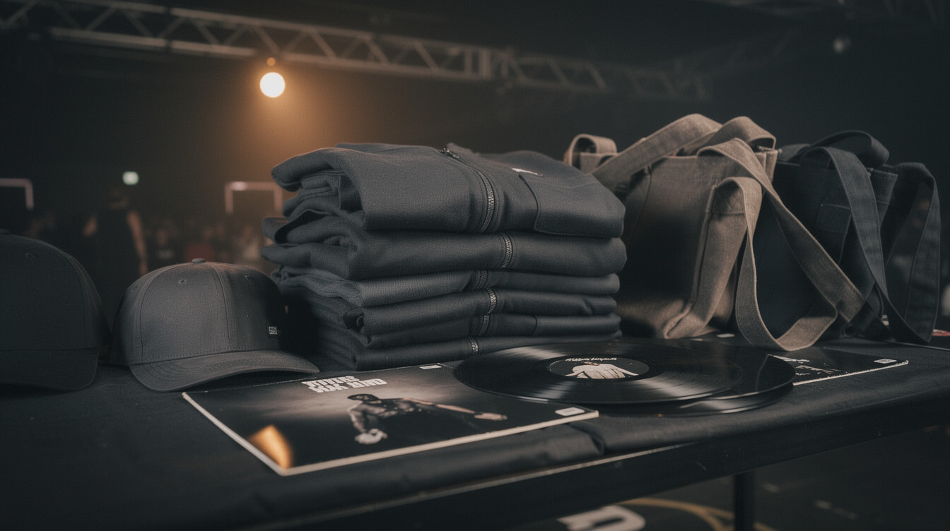 hip-hop tour merch table with folded t-shirts and vinyl