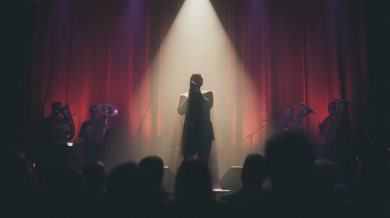 intimate concert stage with spotlit vocalist