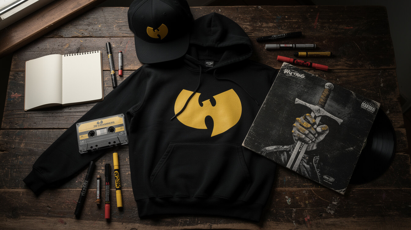 essential wu tang merchandise flatlay with hoodie tee and vinyl