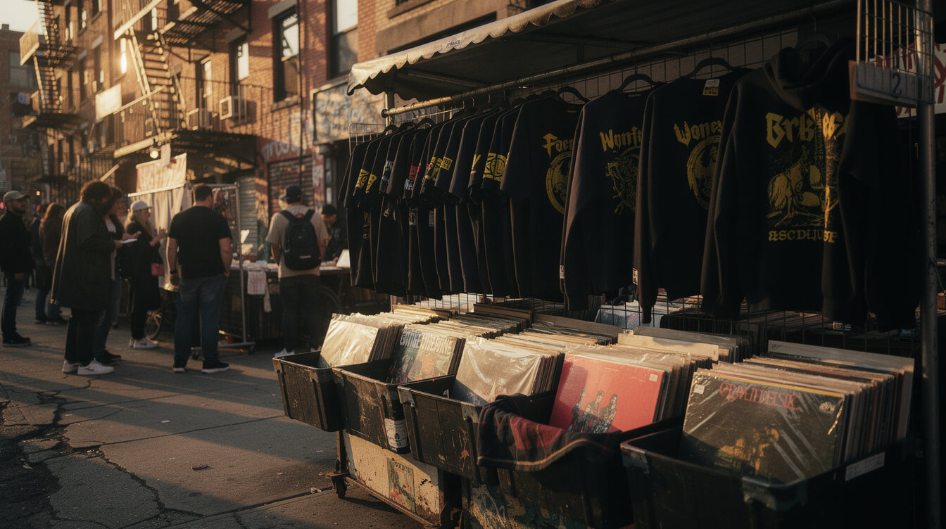 street market with hip hop tees and hoodies for sale